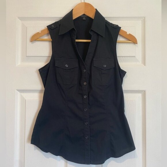 Y2K Express Black Sleeveless Button Up Tank with Pockets - Picture 1 of 6